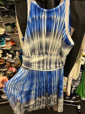 Maggy London Blue, Gray and White high neck Fit-and-Flare Dress
